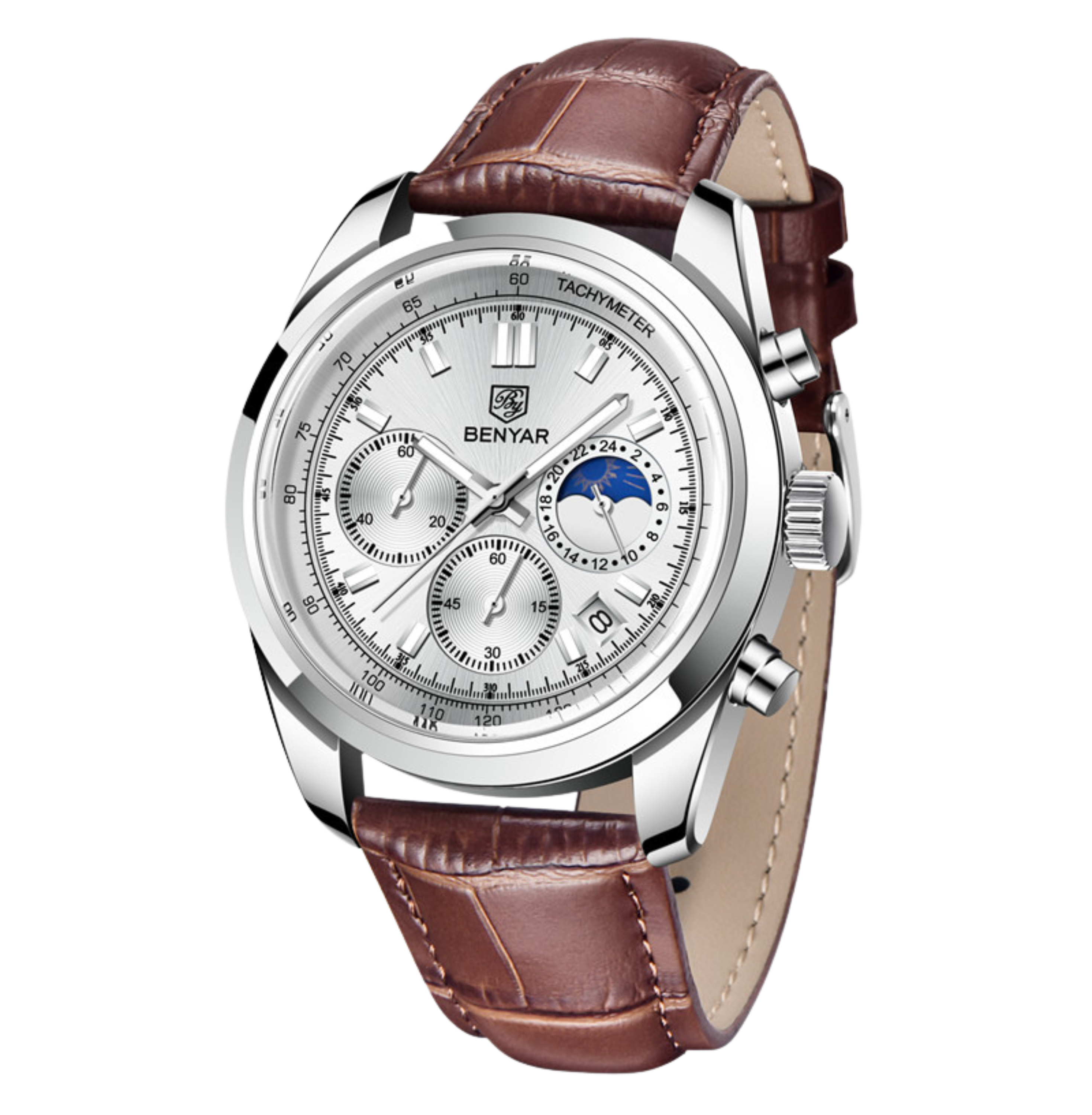 BENYAR BY-5193A Montre Homme Chronographe avec bracelet en cuir – Marron